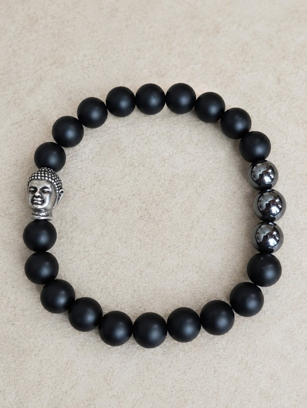 Buddha, Black Onyx Beads Stretch Bracelet - Hand Crafted